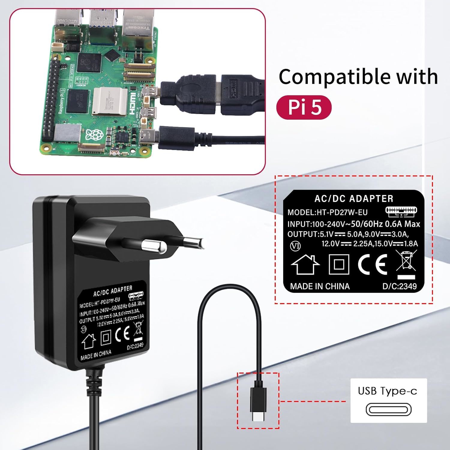 27W 5,1V 5A USB C napájecí zdroj, PD 27W napájecí adaptér pro, Raspberry Pi 5